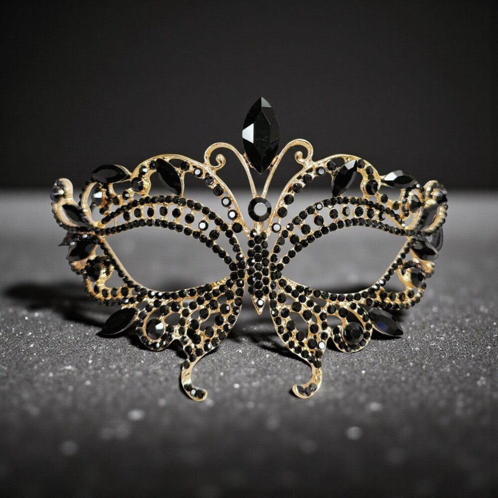 Gold masquerade mask, Black crystal mask, Cosplay mask, Venetian mask, ball mask